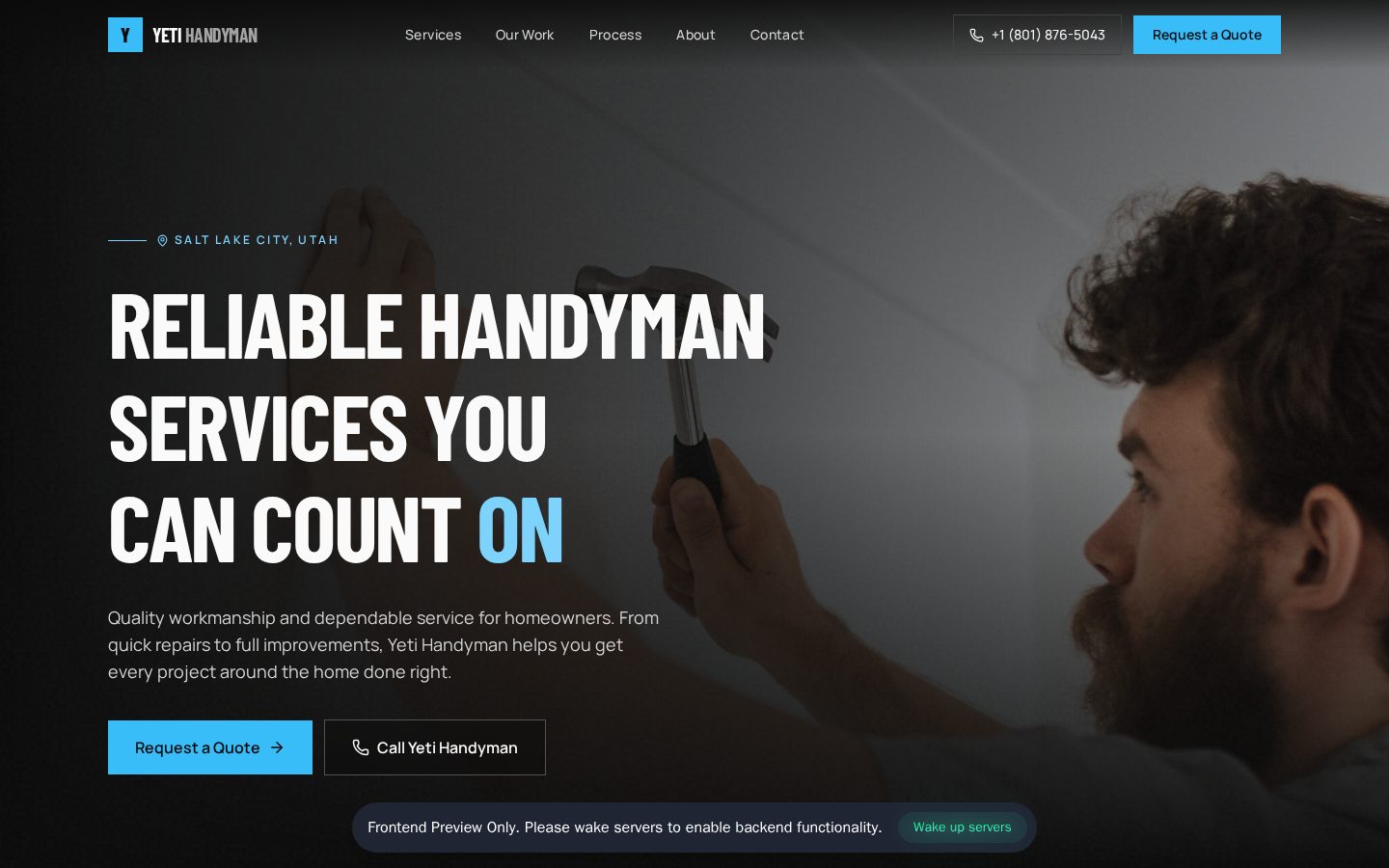 Homepage of the Yeti Handyman website built by Jace